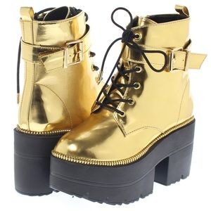 Metallic Reflective Chunky Platform Boots - GOLD